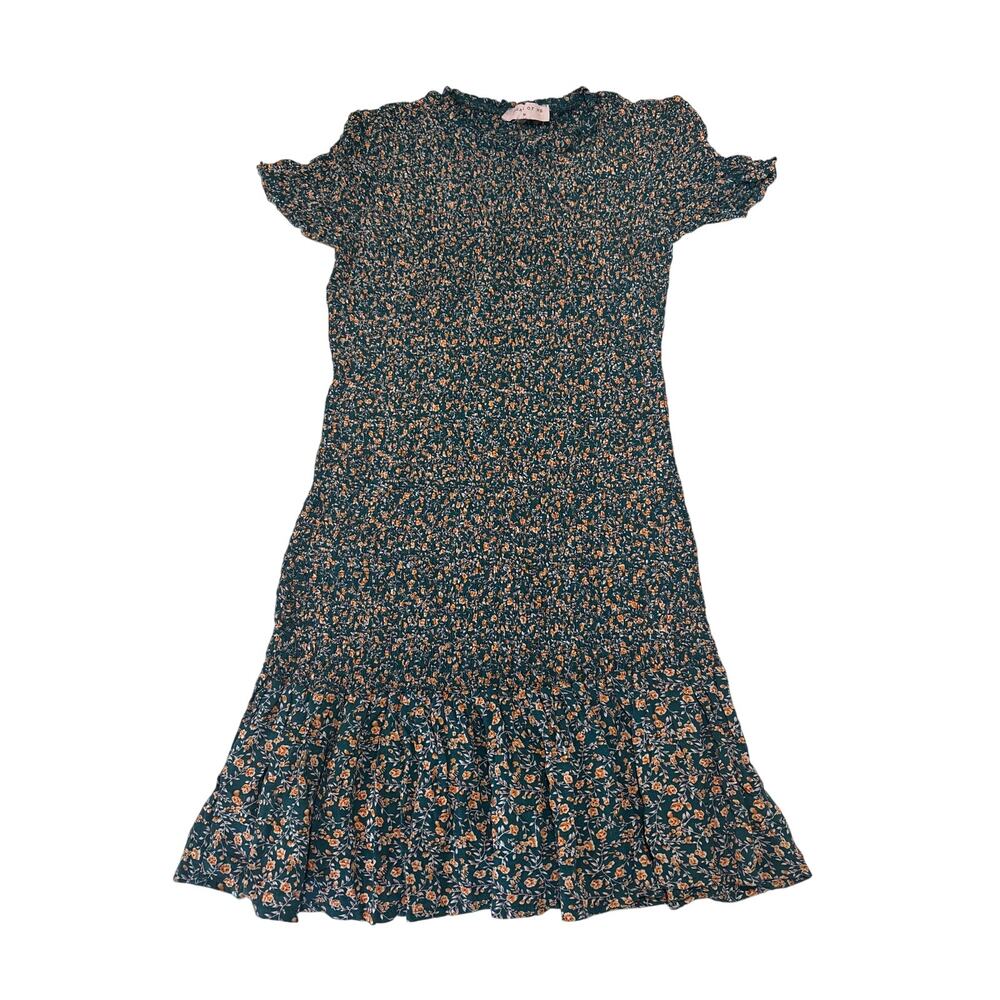 Dream Of Me Green Floral Dress Sz M Mini Baby doll Short Sleeve Fit Flare Summer